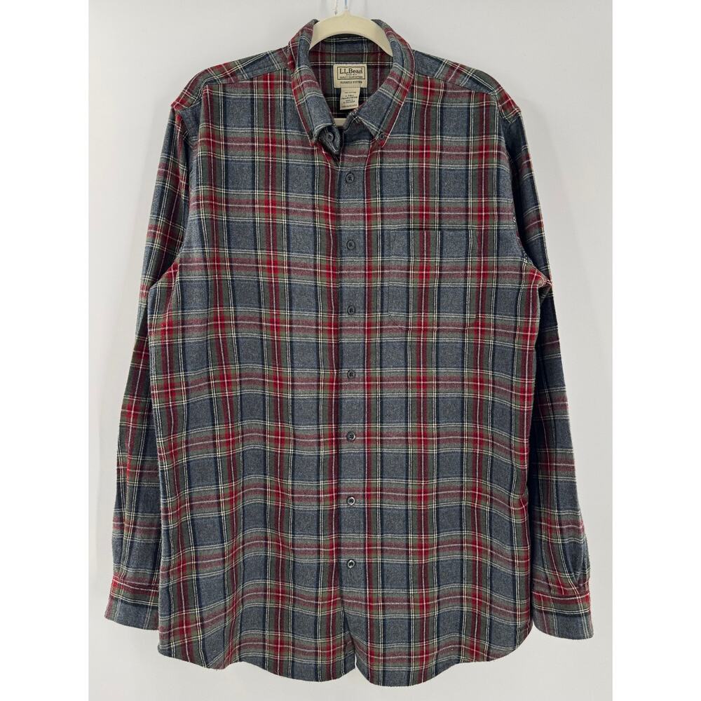LL Bean Mens Scotch Plaid Flannel Shirt Gray Red Button Down Large Tall